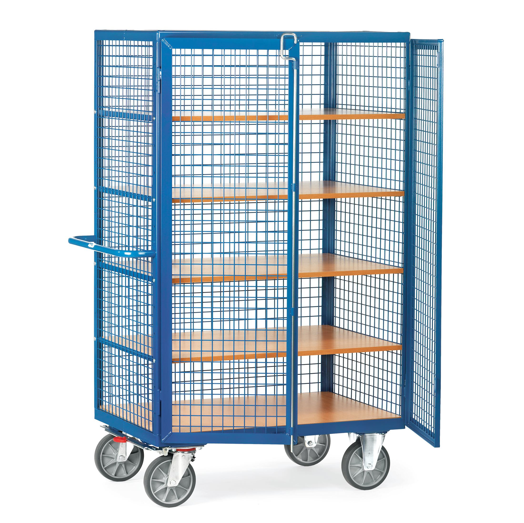 Fetra Kastenwagen, offen, mit eingeschweißtem Drahtgitter und Doppel-Flügeltür, 750kg Tragkraft