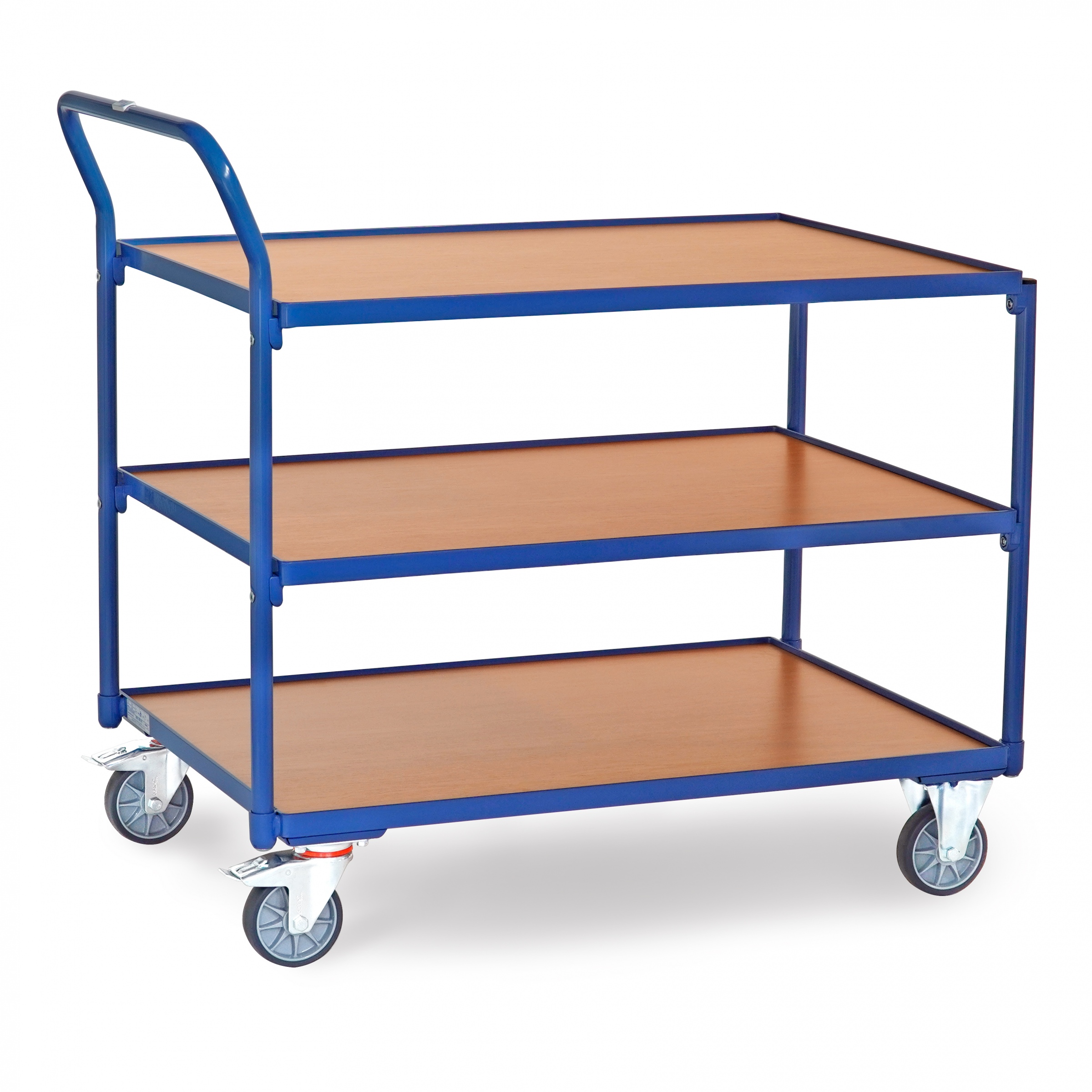 Fetra Tischwagen mit Holzwerkstoffplatten 3 Etagen mit hochstehendem Schiebegriff 1000x700mm Ladefläche