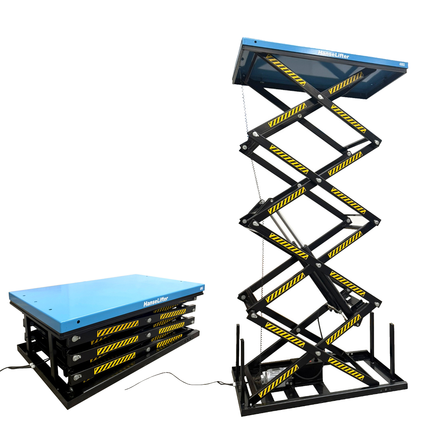 Hanselifter Stationärer Scherenhubtisch mit Vierfachschere in zwei Betriebsspannungen  QRSHT04 bis Hubhöhe 4140mm Tragkraft 400kg