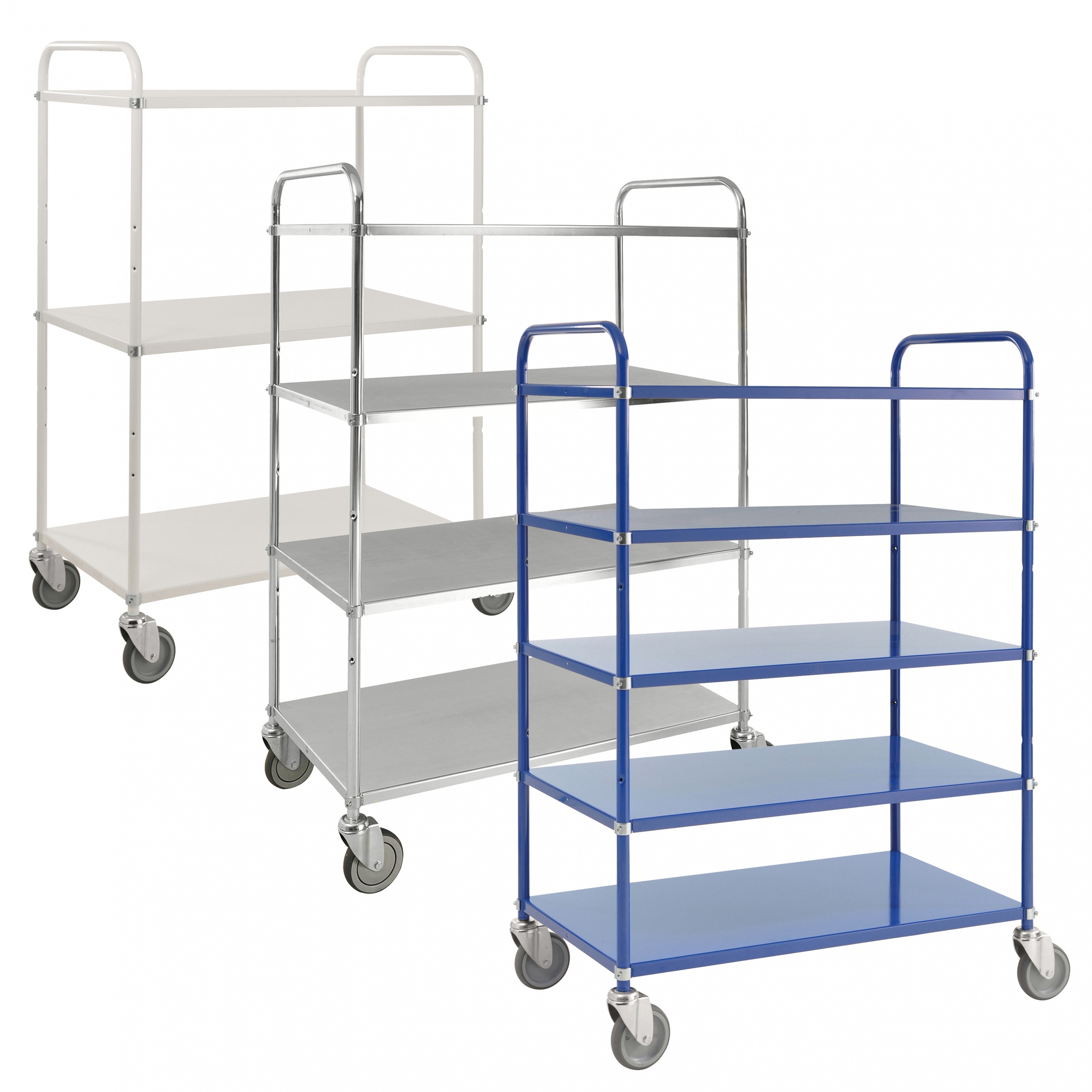 Kongamek Etagenwagen mit 3-5 Böden 900x440mm pulverbeschichtet 24mm Rand, wahlweise mit Bremse