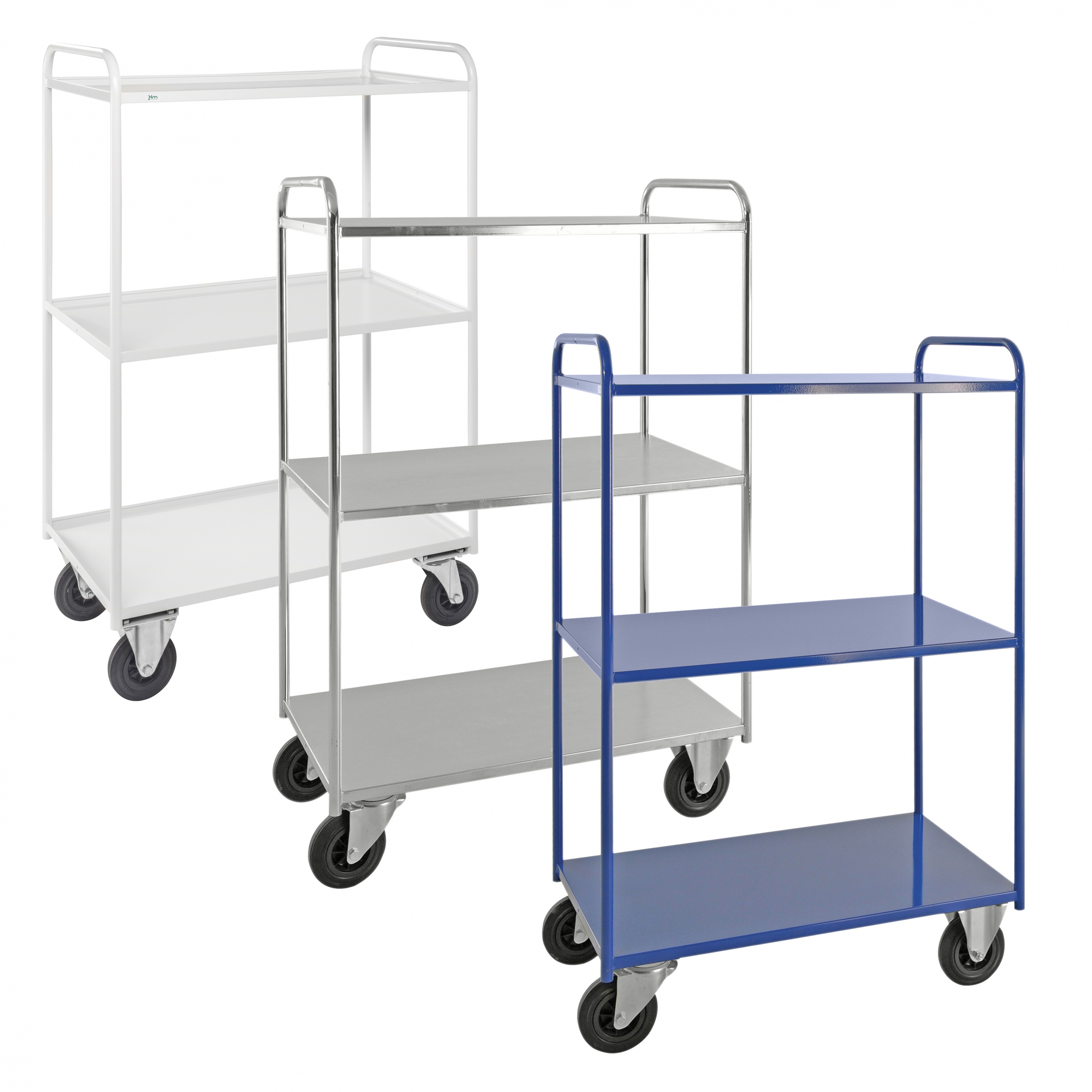 Kongamek Etagenwagen voll verschweisst 1490mm hoch mit 3 Böden pulverbeschichtet 24mm Rand und wahlweise mit Bremse