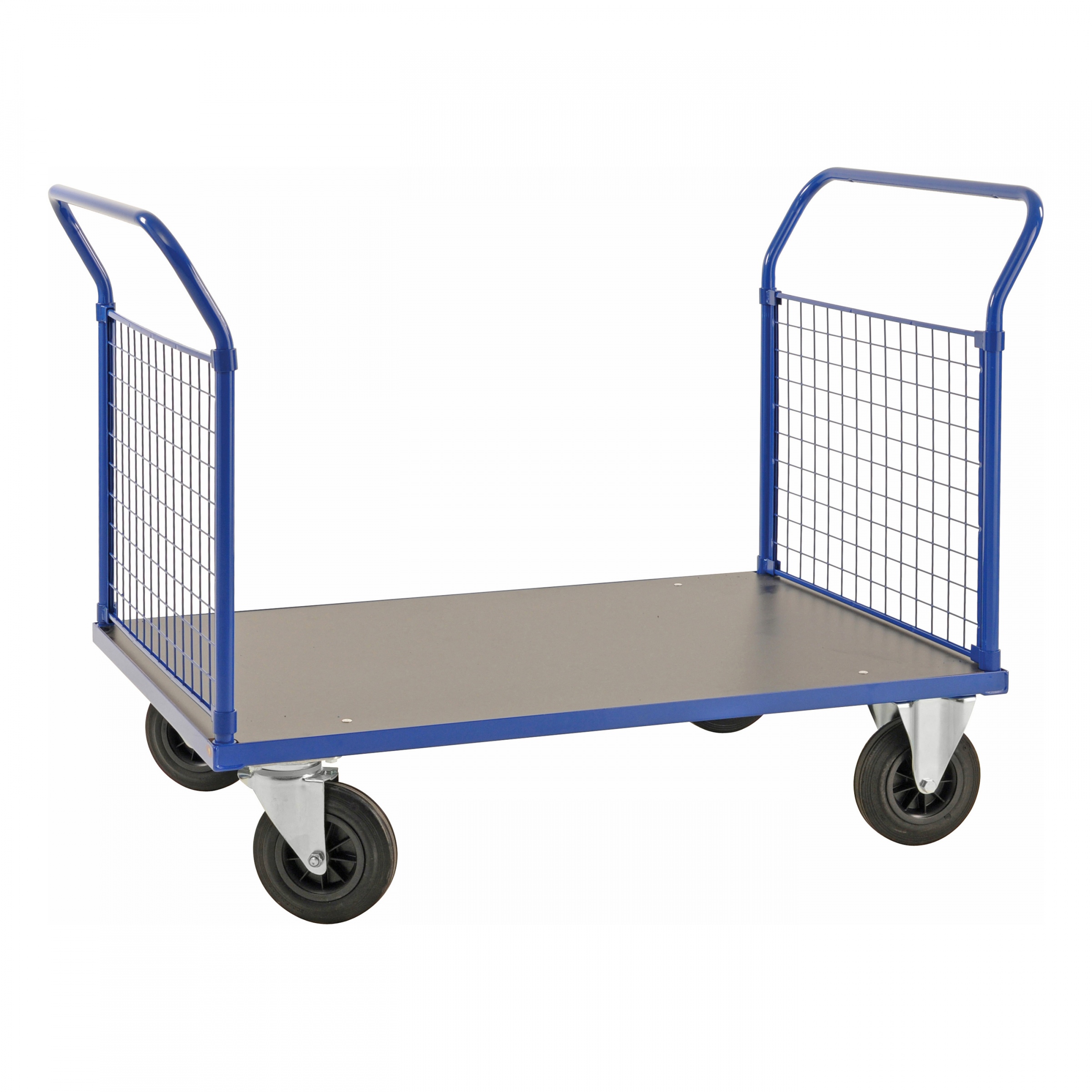 Kongamek Plattformwagen in blau 1366x800x1020mm mit MDF-Platte und 2 Schiebebügeln mit Gummibereifung mit Bremse