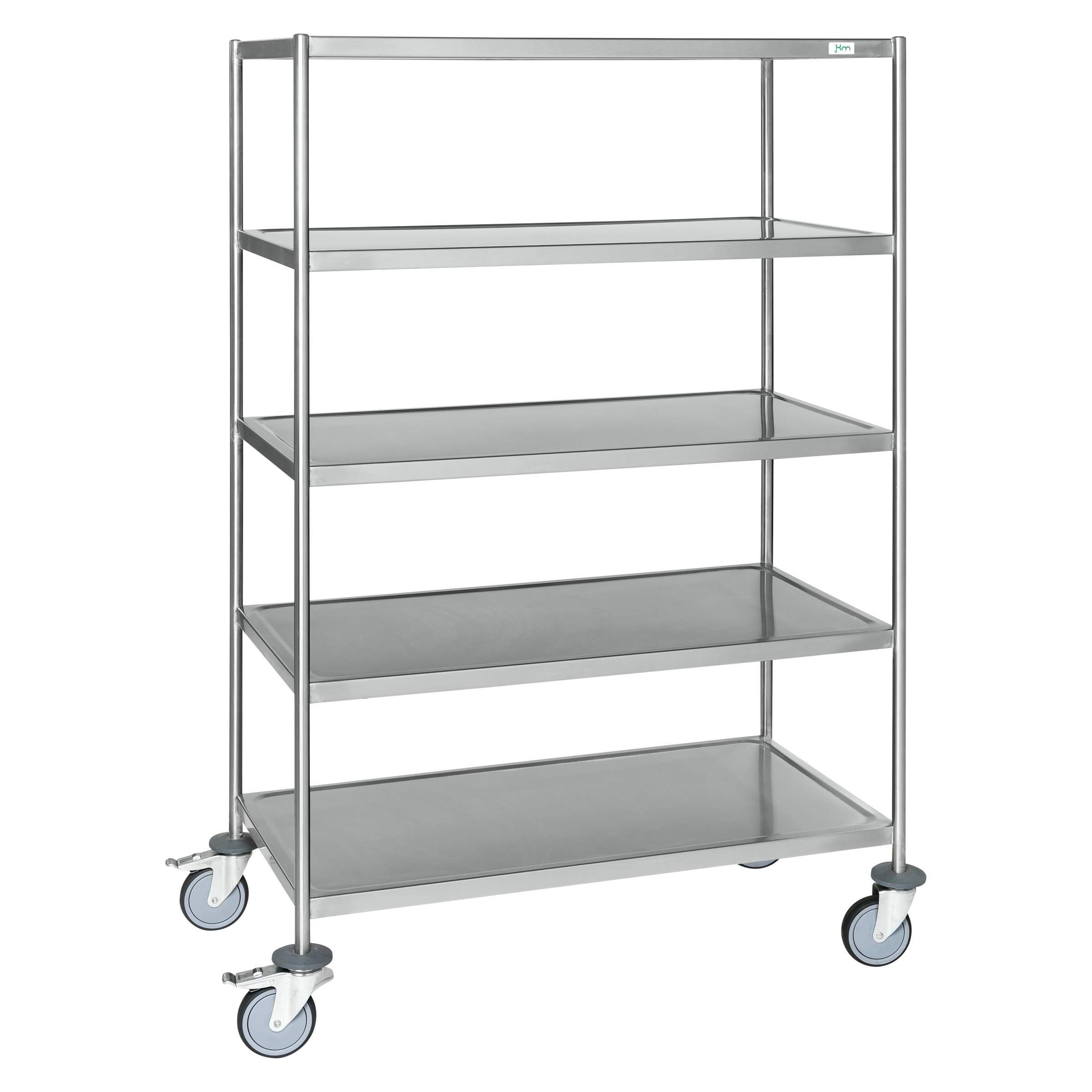 Kongamek Edelstahl- Etagenwagen vollständig geschweißt, 5 Ladeflächen 800x550mm Gummibereifung rostfrei mit Bremse