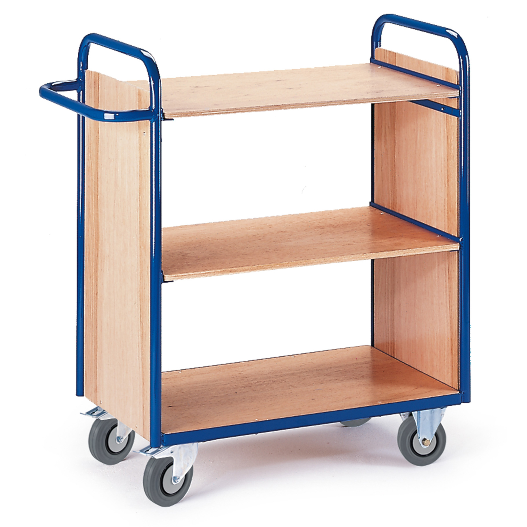 Etagenwagen mit 2 Wänden 1070mm hoch und 3 Ladeflächen 800x500mm im Buchendekor ohne Rand