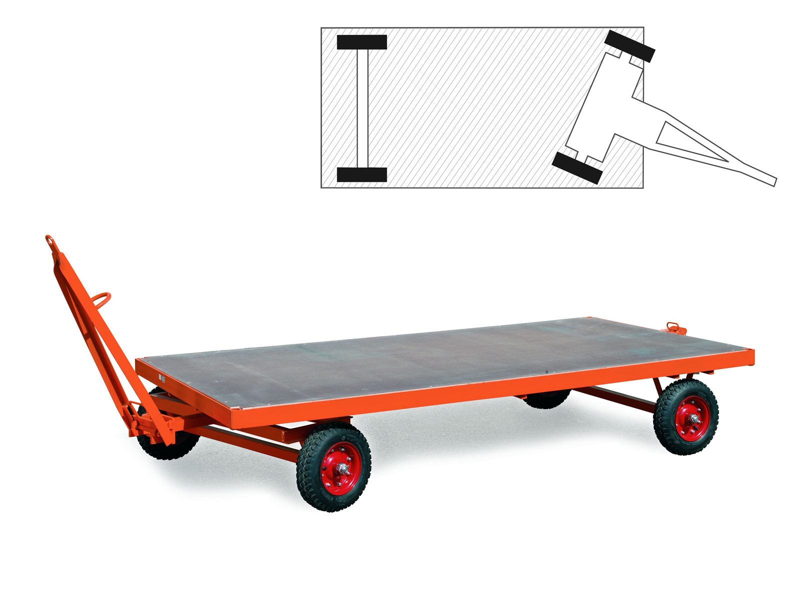 Rollcart Industrieanhänger mit 1-Achs- Drehschemel- Lenkung  2000x1000mm Luftbereifung 3000kg Tragkraft