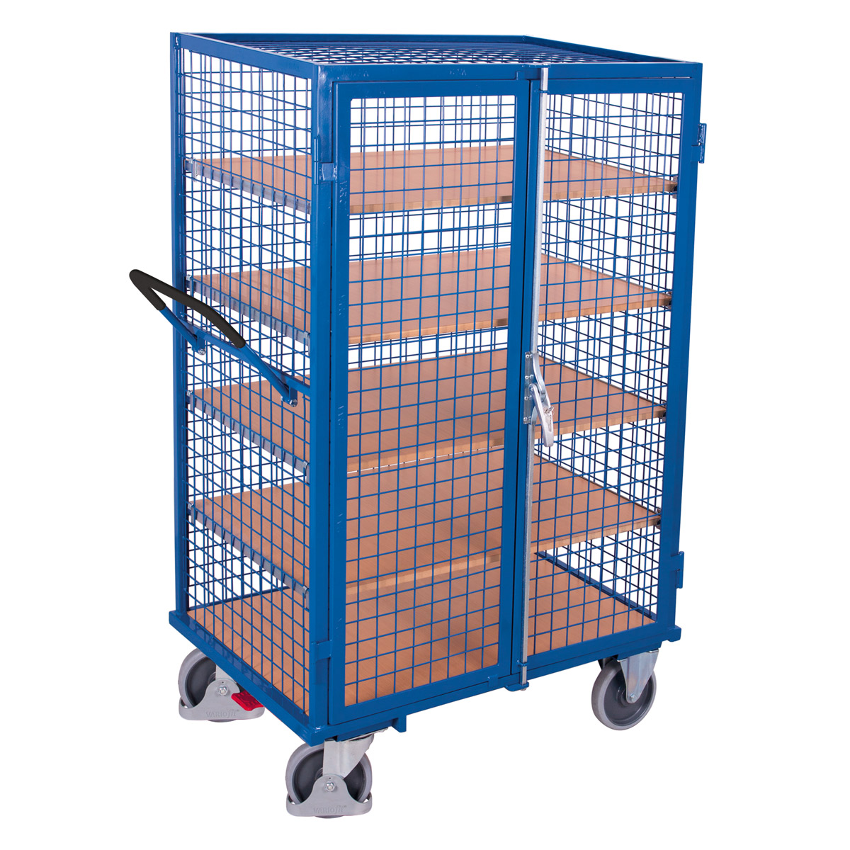VARIOfit Etagenwagen, außen vergittert mit Flügeltür, Hebelgriff und 5 Ladeflächen