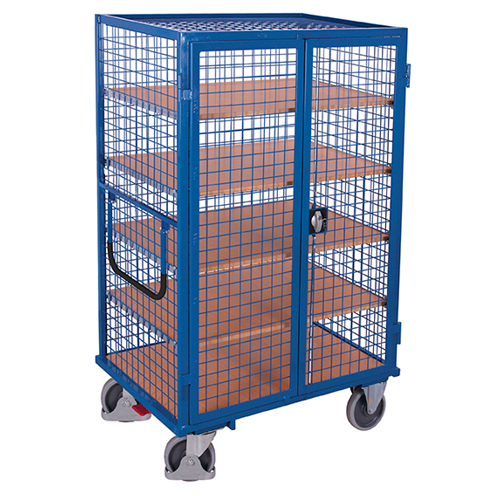 VARIOfit Etagenwagen, außen vergittert in blau mit Flügeltür, Drehgriff und 5 Ladeflächen