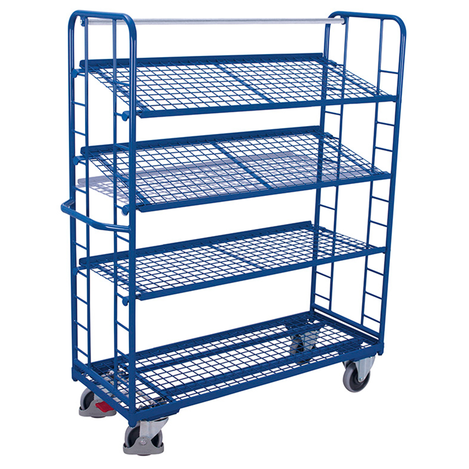 VARIOfit Etagenwagen mit vergitterten Seiten, Rohrschiebegriff und 3 neigbaren Drahtgitterböden