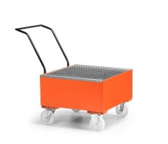 RR Industrietechnik Fahrbare Auffangwanne aus Stahl für 1x 200 Liter Fass mit Gitterrost RAL 2004 reinorange
