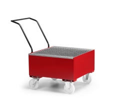RR Industrietechnik Fahrbare Auffangwanne aus Stahl für 1x 200 Liter Fass mit Gitterrost RAL 3000 Feuerrot