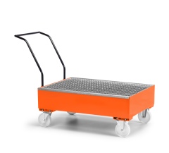 RR Industrietechnik Fahrbare Auffangwanne aus Stahl für 2x 200 Liter Fass mit Gitterrost RAL 2004 reinorange