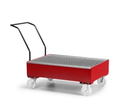RR Industrietechnik Fahrbare Auffangwanne aus Stahl für 2x 200 Liter Fass mit Gitterrost RAL 3000 feuerrot