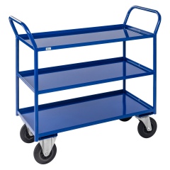 Kongamek Etagenwagen voll verschweisst in blau mit 3 Böden 940x440mm Ladefläche und 24mm Rand mit Bremse