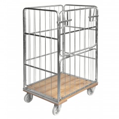 Kongamek Rollcontainer verzinkt 845x630x1390mm mit Holzboden, 4 Gitterwänden, 1 Tür in der Hälfte zu öffnen und Bremse