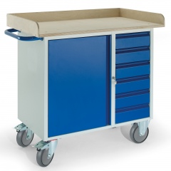 Rollcart Montagewagen mit Holzrand, 6 Schubladen und Stahlschrank