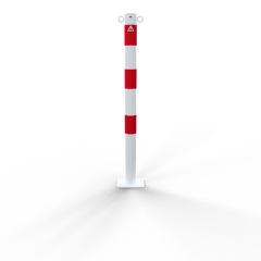 Schake Absperrpfosten aus Stahlrohr verzinkt Ø42x2,5mm weiß mit rot reflektierenden Leuchtstreifen und aufgeschweißter Stahlkappe 900mm Überflur für Dübelbefestigung 100x150mm 2 Ösen