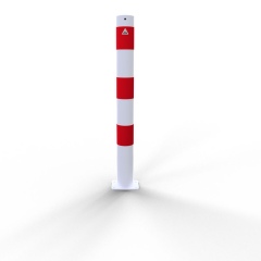 Schake Absperrpfosten ortsfest zum Einbetonieren mit Erdanker aus Stahlrohr verzinkt Ø89x2,5mm weiß mit rot reflektierenden Leuchtstreifen und Stahlkappe 900mm Überflur