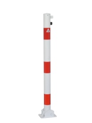 Schake Absperrpfosten umlegbar aus Stahlrohr verzinkt Ø60x2,5mm weiß mit rot reflektierenden Leuchtstreifen, Profilzylinderschloss, Dübelbefestigung und Stahlkappe 900mm Überflur