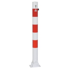 Schake Absperrpfosten umlegbar aus Stahlrohr verzinkt Ø76x2,5mm weiß mit rot reflektierenden Leuchtstreifen, Profilzylinderschloss, Dübelbefestigung und Stahlkappe 900mm Überflur
