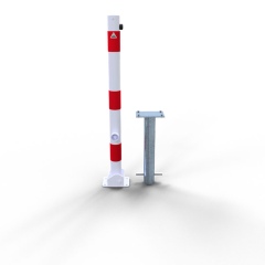 Schake Absperrpfosten umlegbar zum Einbetonieren aus Stahlrohr verzinkt Ø60x2,5mm weiß mit rot reflektierenden Leuchtstreifen, Dreikantverschluss und Stahlkappe 900mm Überflur