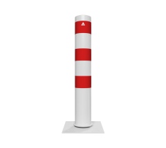 Schake Stahlrohrpoller neigbar mit Dübelplatte aus Stahlrohr verzinkt Ø152x3,2mm weiß beschichtet und rot reflektierenden Leuchtstreifen 1500mm Gesamtlänge