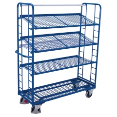 VARIOfit Etagenwagen mit vergitterten Seiten, Rohrschiebegriff und 3 neigbaren Drahtgitterböden