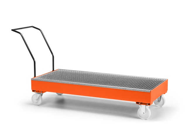 RR Industrietechnik Fahrbare Auffangwanne aus Stahl für 3x 200 Liter Fass mit Gitterrost RAL 2004 reinorange