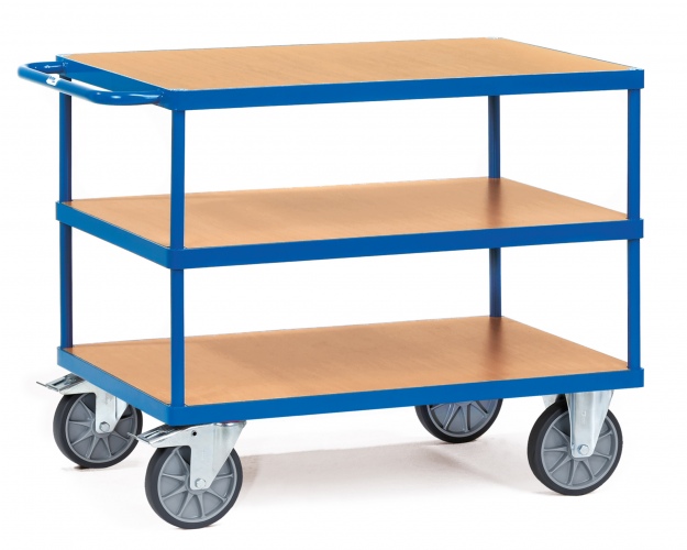 Fetra Tischwagen mit Holzwerkstoffplatten 3 Etagen Tragkraft obere Ladefläche 200kg 850x500mm Ladefläche
