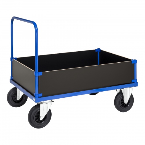 Kongamek Kastenwagen in blau 1000x700x900mm mit verzinkter Ladefläche, Schiebegriff und 4 Wänden 400mm hoch mit Gummibereifung ohne Bremse