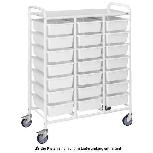 Kongamek Kisten- und Tablettwagen 950x420x1205mm in weiß mit 21 Böden und Bremse
