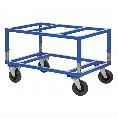 Kongamek Palettenwagen in blau höhenverstellbar 655mm hoch mit Bremse für Paletten 1200x1000mm