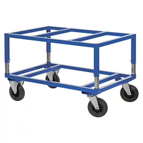 Kongamek Palettenwagen in blau höhenverstellbar 655mm hoch mit Bremse für Euro-Paletten 1200x800mm