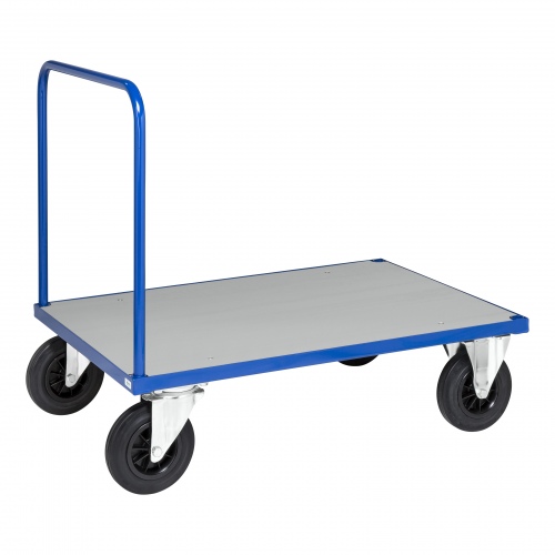 Kongamek Plattformwagen in blau 1000x700x900mm mit offenem Schiebegriff, verzinkter Ladefläche, Gummibereifung und Bremse