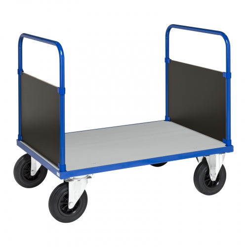 Kongamek Plattformwagen in blau 900mm hoch mit 2 Seitenwänden und verzinkter Ladefläche, wahlweise mit Bremse