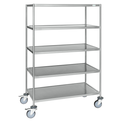 Kongamek Edelstahl- Etagenwagen vollständig geschweißt, 5 Ladeflächen 1050x550mm Gummibereifung mit Bremse