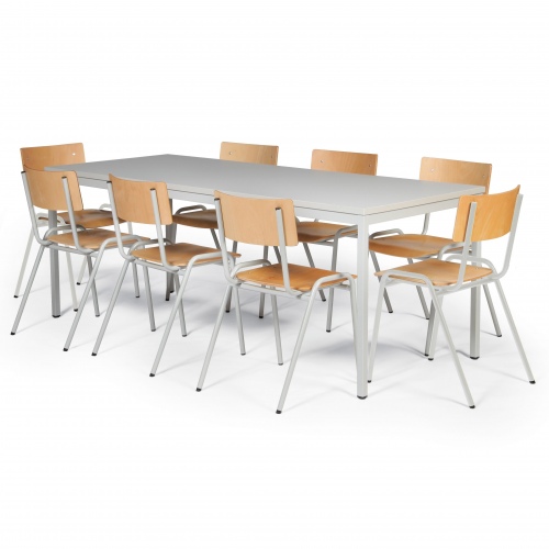 Protaurus Tisch- Stuhl- Kombination ECO aus beschichtetem Stahl/Kunststoff mit Sperrholz in lichtgrau Tischmaß 2000x800mm