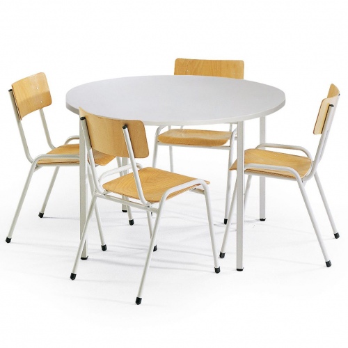 Protaurus Tisch- Stuhl- Kombination ECO aus beschichtetem Stahl/Kunststoff mit Sperrholz in lichtgrau Tisch-Ø 1000mm
