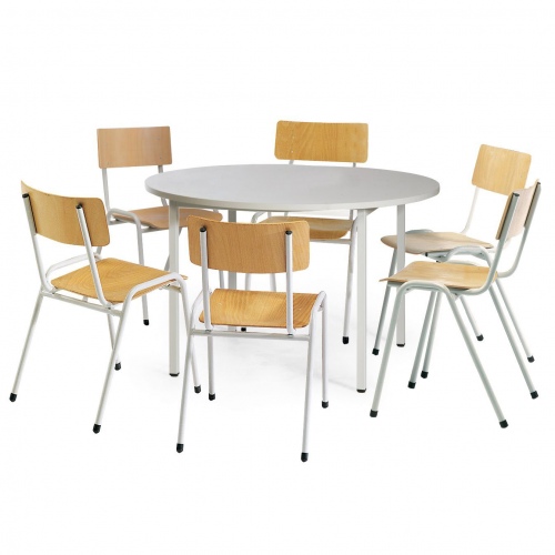 Protaurus Tisch- Stuhl- Kombination ECO aus beschichtetem Stahl/Kunststoff mit Sperrholz in lichtgrau Tisch-Ø 1200mm