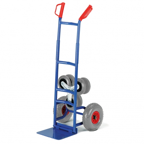 Rollcart Klapp- Treppenkarre aus Stahlrohr mit Wechselrädern, dreiarmige Vollgummi- Radsterne und Luftbereifung, Schaufelbreite 300mm