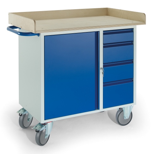 Rollcart Montagewagen mit Holzrand, 4 Schubladen und Stahlschrank