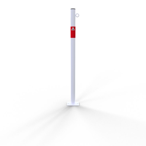 Schake Absperrpfosten aus Stahlrohr verzinkt Ø42x2,5mm weiß mit rot reflektierenden Leuchtstreifen und aufgeschweißter Stahlkappe 900mm Überflur für Dübelbefestigung 100x150mm 1 Öse