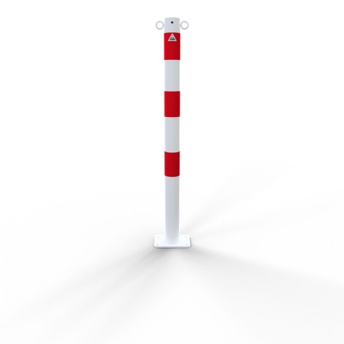 Schake Absperrpfosten aus Stahlrohr verzinkt Ø42x2,5mm weiß mit rot reflektierenden Leuchtstreifen und aufgeschweißter Stahlkappe 900mm Überflur für Dübelbefestigung 100x150mm 2 Ösen