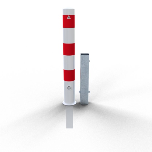 Schake Absperrpfosten herausnehmbar aus Stahlrohr verzinkt Ø108x2,9mm weiß mit rot reflektierenden Leuchtstreifen, Dreikantverschluss und Stahlkappe 900mm Überflur