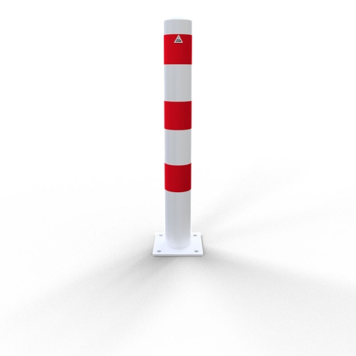 Schake Absperrpfosten ortsfest für Dübelbefestigung aus Stahlrohr verzinkt Ø108x2,5mm weiß mit rot reflektierenden Leuchtstreifen und Stahlkappe 900mm Überflur