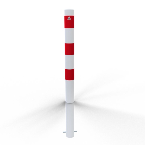 Schake Absperrpfosten ortsfest aus Stahlrohr verzinkt Ø89x2,9mm weiß mit rot reflektierenden Leuchtstreifen, Dübelbefestigung und Stahlkappe 900mm Überflur