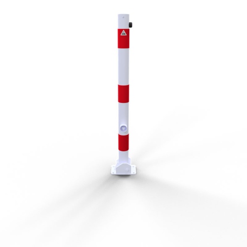 Schake Absperrpfosten umlegbar aus Stahlrohr verzinkt Ø60x2,5mm weiß mit rot reflektierenden Leuchtstreifen, Dreikantverschluss, Dübelbefestigung und Stahlkappe 900mm Überflur