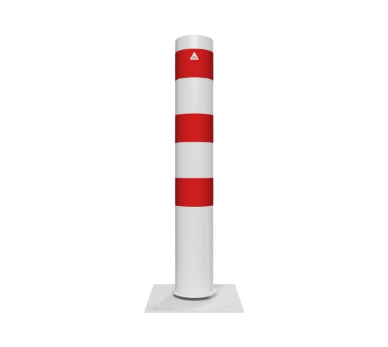 Schake Stahlrohrpoller neigbar mit Dübelplatte aus Stahlrohr verzinkt Ø152x3,2mm weiß beschichtet und rot reflektierenden Leuchtstreifen 1500mm Gesamtlänge