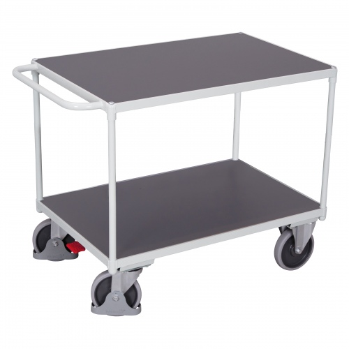 VARIOfit Schwerer Tischwagen mit Schiebegriff, 2 Ladeflächen und Gummibereifung Lichtgrau 1200x800mm