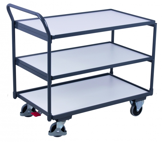 VARIOfit ESD Tischwagen mit gebogenem Schiebegriff und 3 Ladeflächen 985x590mm