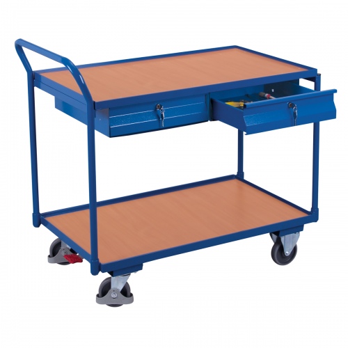 VARIOfit Tischwagen mit gebogenem Schiebegriff, 2 Schubladen und 2 Ladeflächen 985x595mm